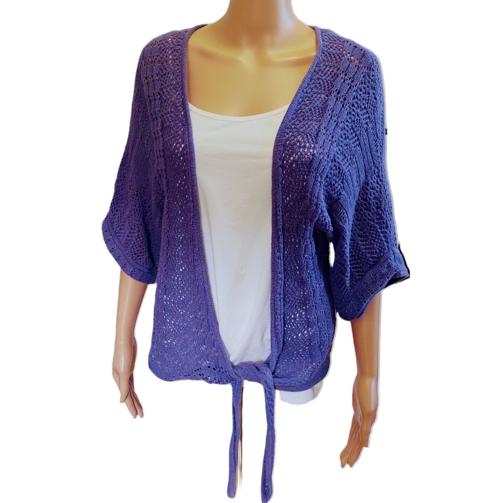 EUC CHRISTOPHER & BANKS PURPLE KNIT OPEN FRONT TIE CARDIGAN SWEATER OVERSIZED SM
